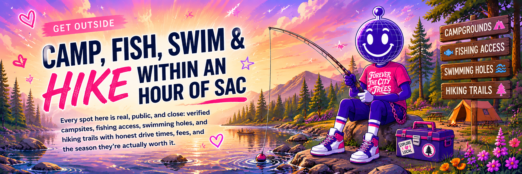 Get Outside: camp, fish, swim & hike within an hour of Sac. Every spot here is real, public, and close: verified campsites, fishing access, swimming holes, and hiking trails with honest drive times, fees, and the season they're actually worth it.
