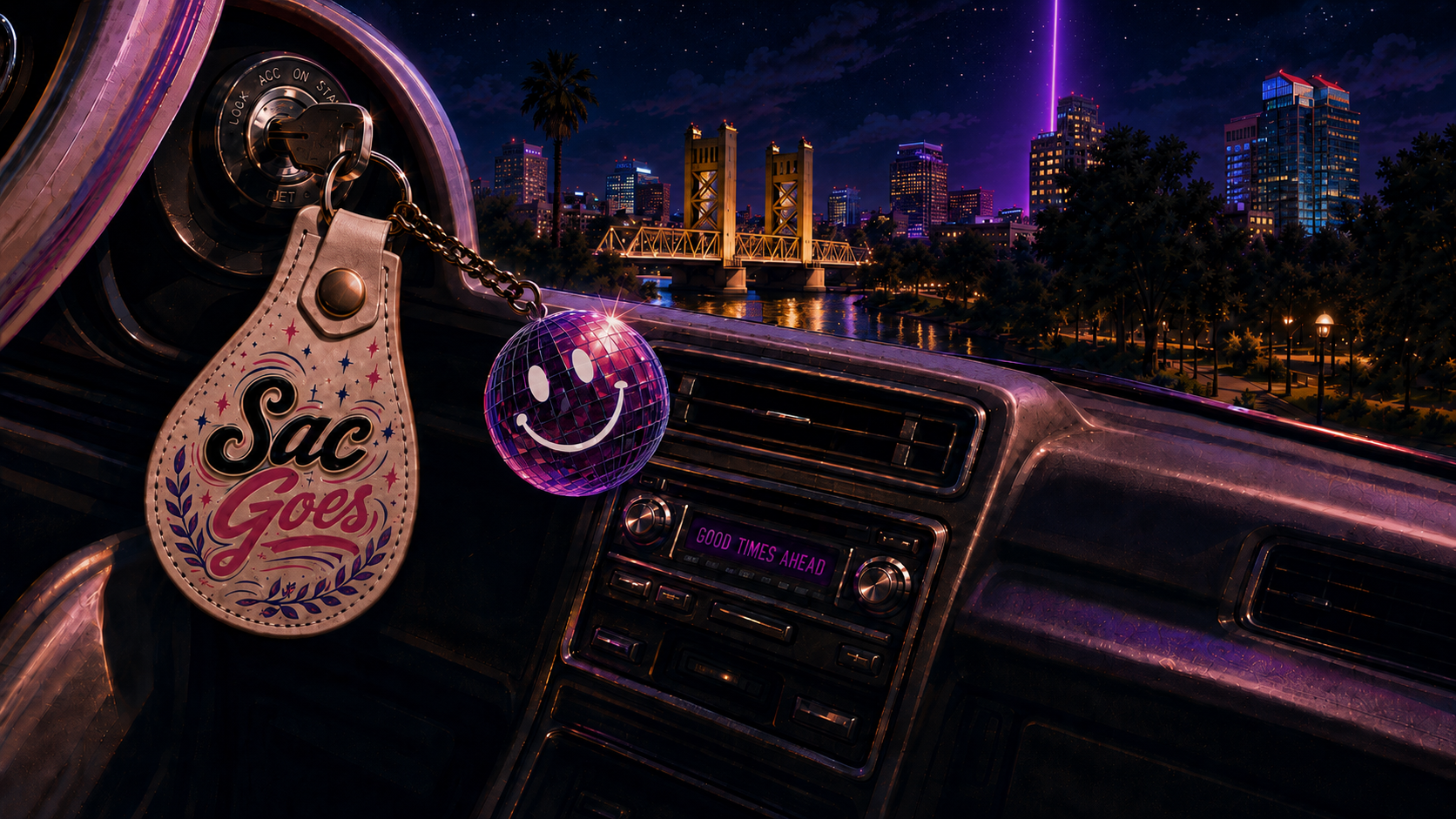 Sac Goes keychain on a dashboard with the Sacramento skyline at night