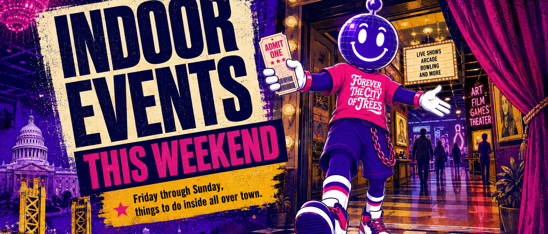 Indoor events in Sacramento, museums, galleries, theaters and comedy clubs.