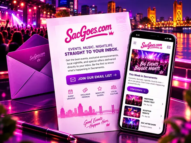 The Sac Goes email newsletter beside a phone showing this week in Sacramento