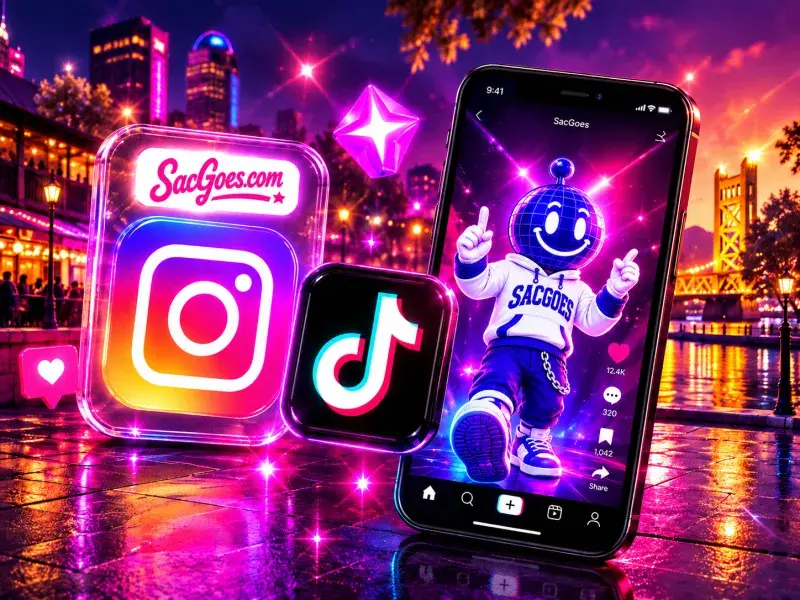 Sac Goes on social media: Instagram and a phone showing the Sac Goes mascot