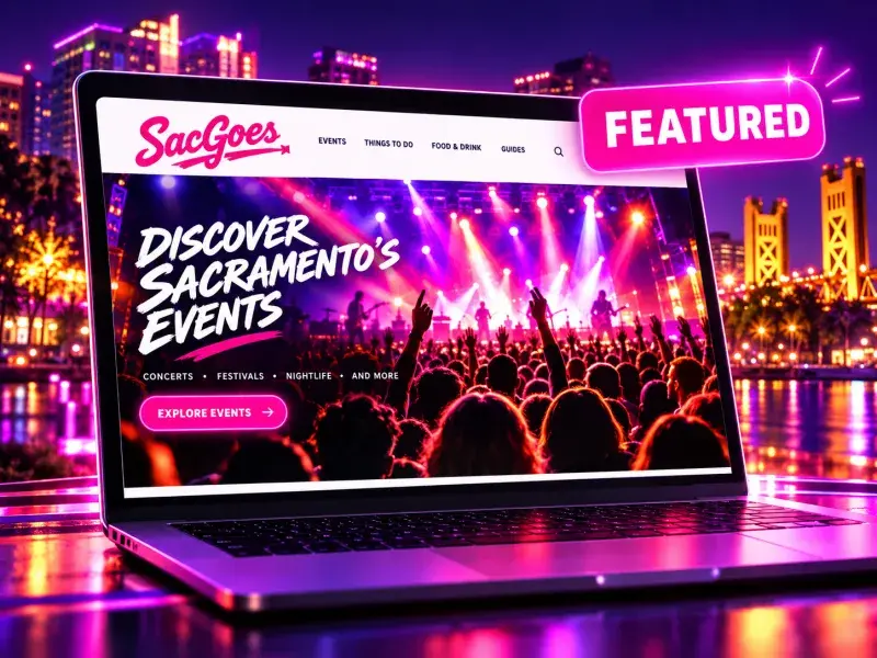 A laptop showing Sac Goes with a Featured badge, Sacramento skyline at night