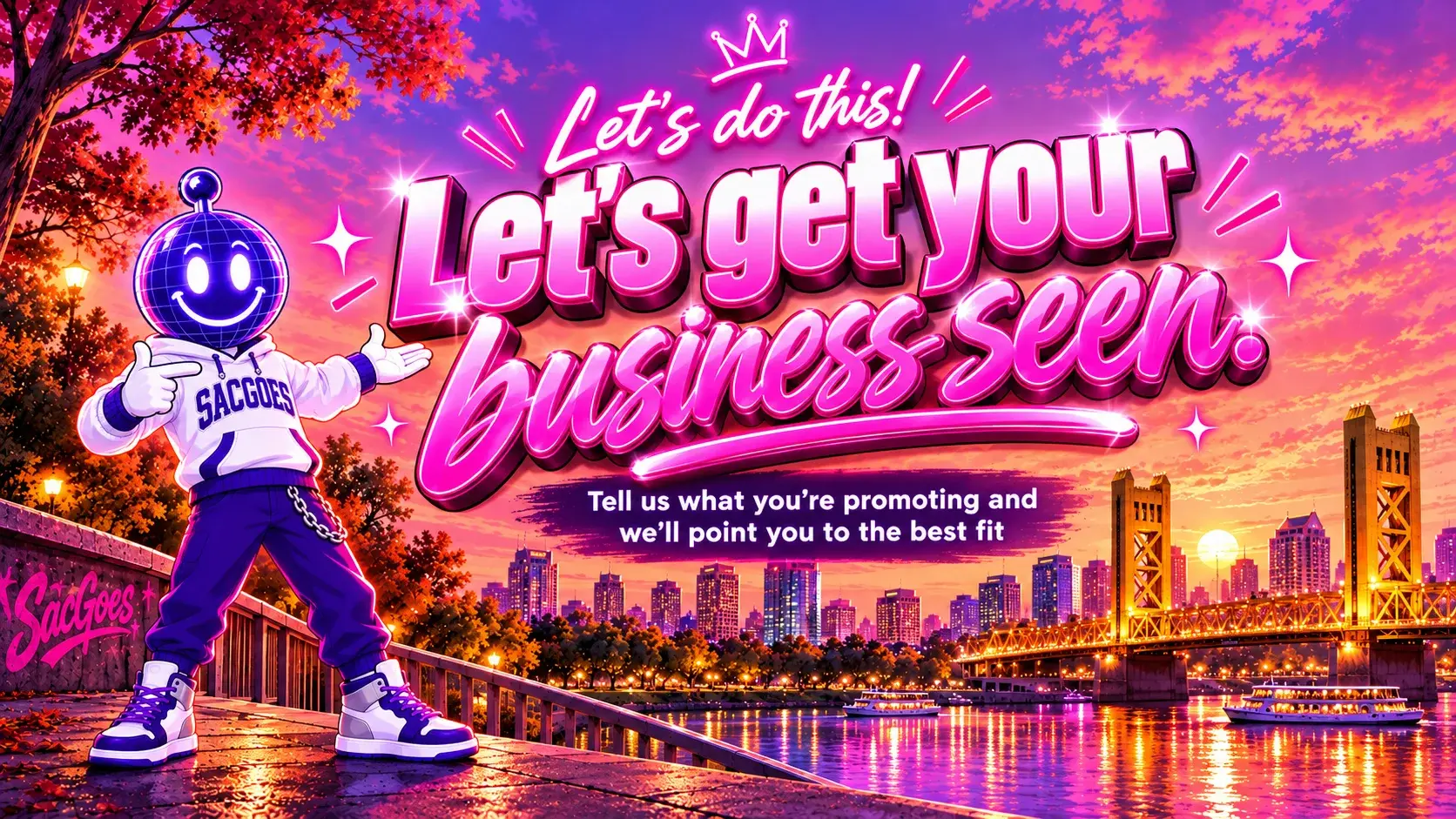 Let's do this! Let's get your business seen. Tell us what you're promoting and we'll point you to the best fit.