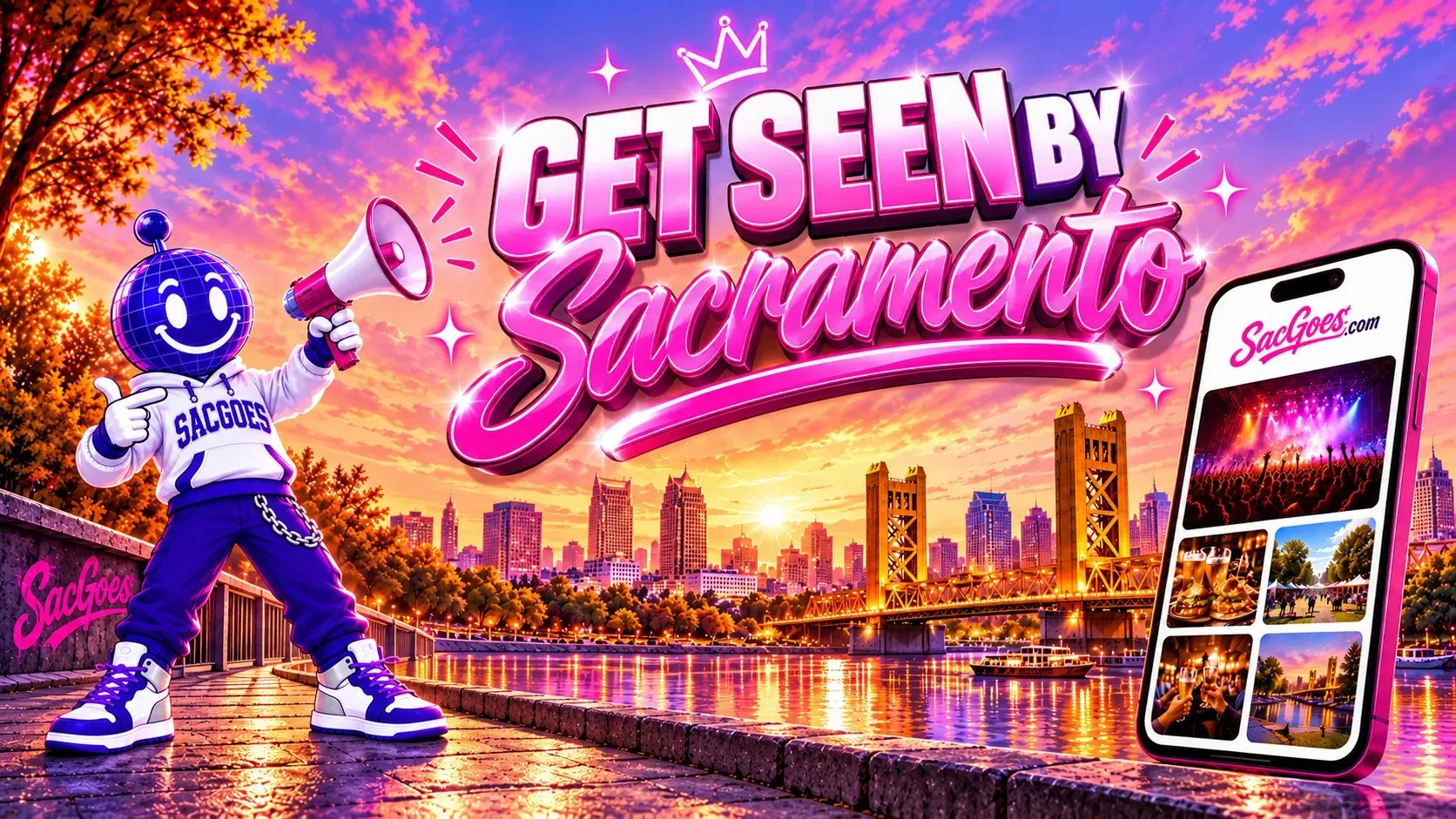 Get seen by Sacramento: the Sac Goes mascot with a megaphone on the Sacramento riverfront at sunset, next to a phone showing Sac Goes
